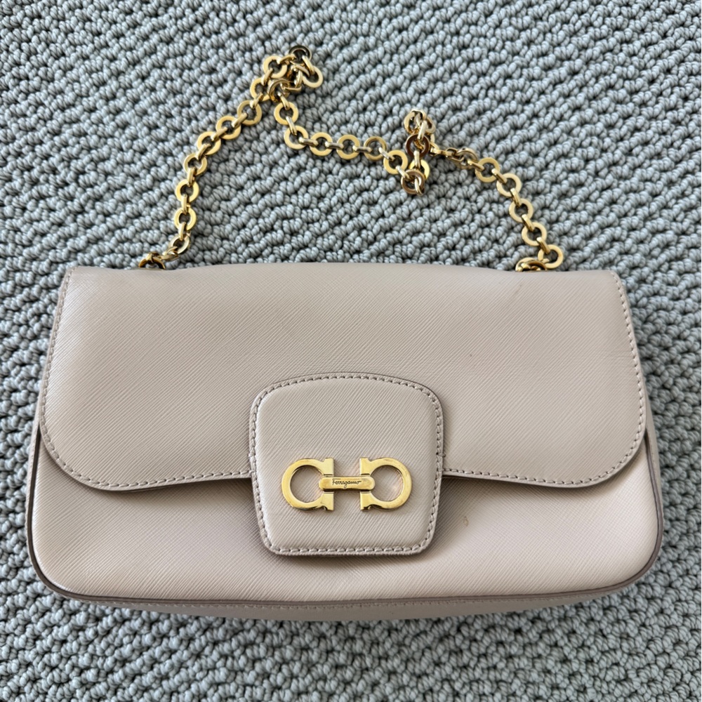 Salvatore Ferragamo Beige Leather Chain Shoulder Bag with Gold Hardware